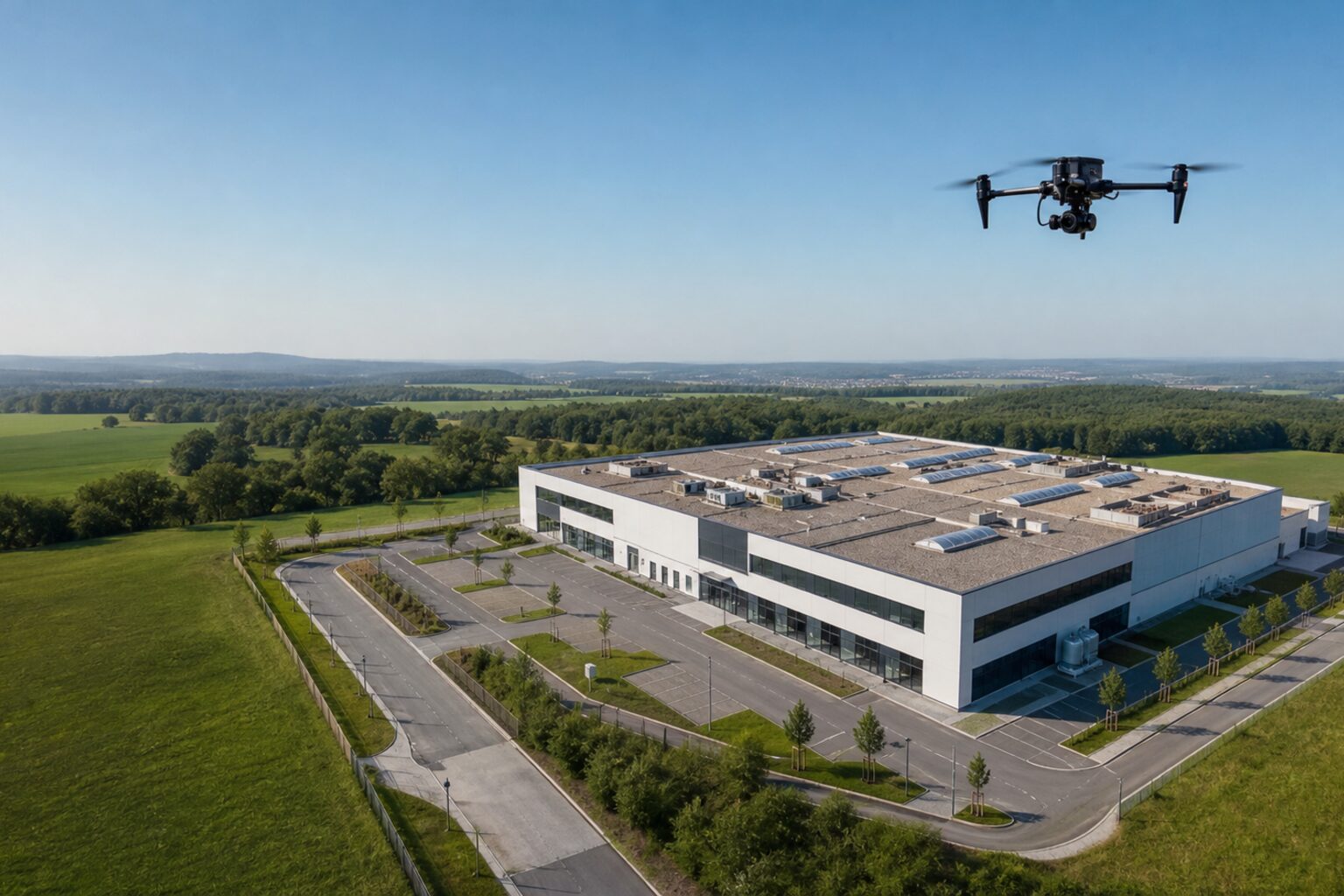 Drohne erfasst ein Gewerbeobjekt für Orthofotos und digitale Zwillinge